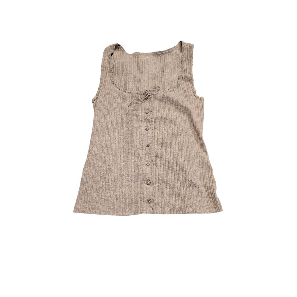 Aerie Gray Ribbed Button Front Tie Tank Top Small Petite - Picture 1 of 8